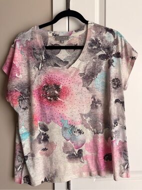 Aura Pink and Aqua Floral V-Neck Top with Rhinestone Detail